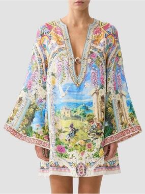 Camilla Navas Nouveau Deep V-Neck Hardware Short Linen Caftan NWT